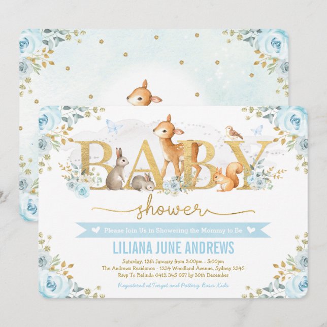 Blue Gold Woodland Boy Baby Shower Forest Animals Invitation (Front/Back)