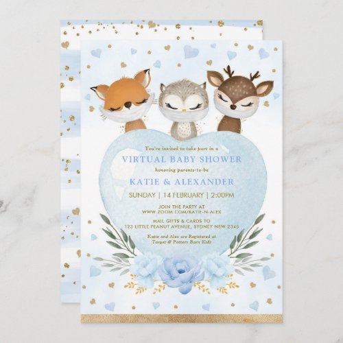 Blue Gold Woodland Sweetheart Virtual Baby Shower Invitation