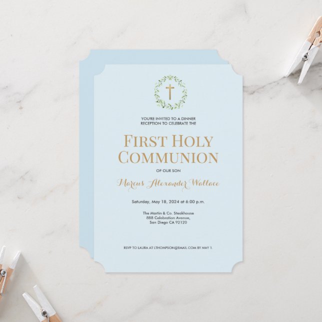 Blue Gold Wreath Cross Boy First holy communion  Invitation (Front/Back In Situ)
