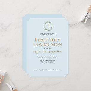 Blue Gold Wreath Cross Boy First holy communion Invitation