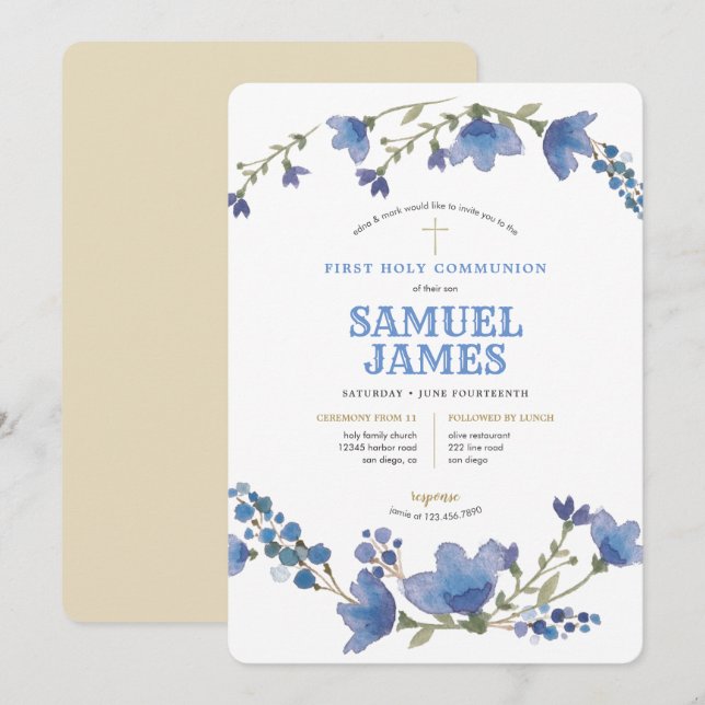 Blue Gold Wreath Holy First Communion Invitation (Front/Back)