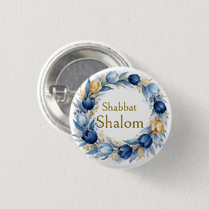 Blue Gold Wreath, Shabbat Shalom Watercolor Glam Button