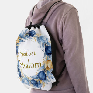 Blue Gold Wreath, Shabbat Shalom Watercolor Glam Drawstring Bag