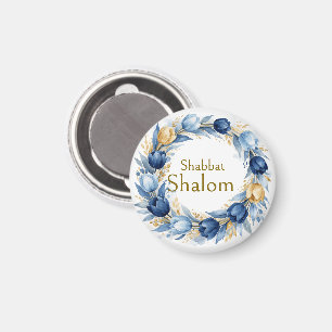Blue Gold Wreath, Shabbat Shalom Watercolor Glam Magnet
