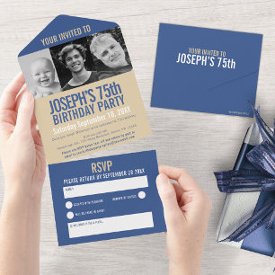 Blue golden brown three photos 75th Birthday party All In One Invitation