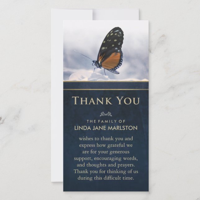 Blue Golden Butterfly Sympathy Thank You Card (Front)