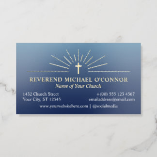 Blue Golden Cross & Rays Reverend Priest Pastor Foil Business Cards