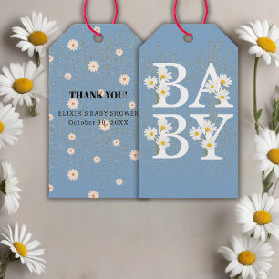 Blue Golden Daisy Glitter Glow Baby Shower Gift Tags