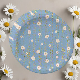 Blue Golden Daisy Glitter Glow Baby Shower Paper Plates