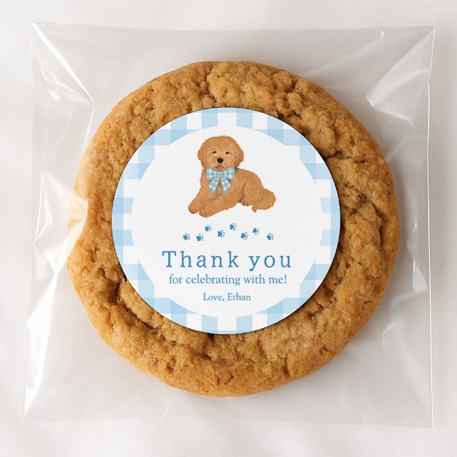 Blue Golden Doodle Birthday Thank You Favor Classic Round Sticker (Creator Uploaded)