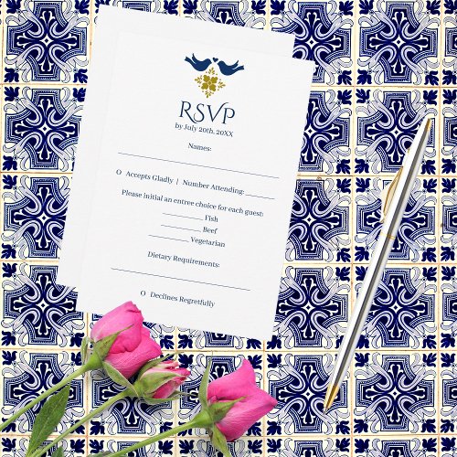 Blue  Golden Lovebirds Mexican Wedding RSVP Card