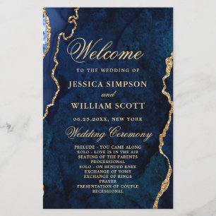 Blue Golden Marble Agate Wedding Ceremony Program