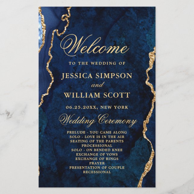 Blue Golden Marble Agate Wedding Ceremony Program (Front)