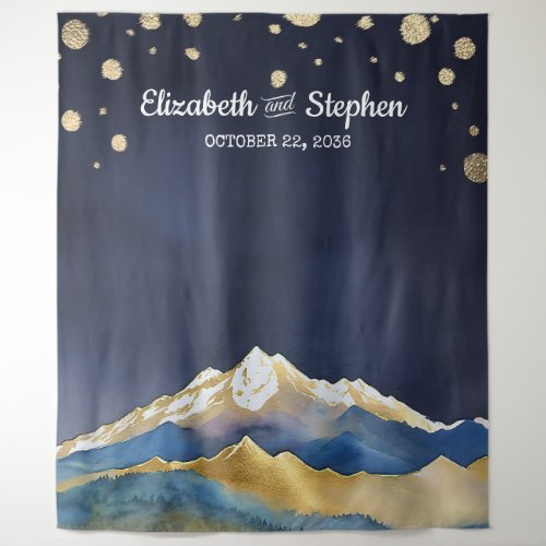 Blue Golden Mountains Wedding Photo Booth Backdrop