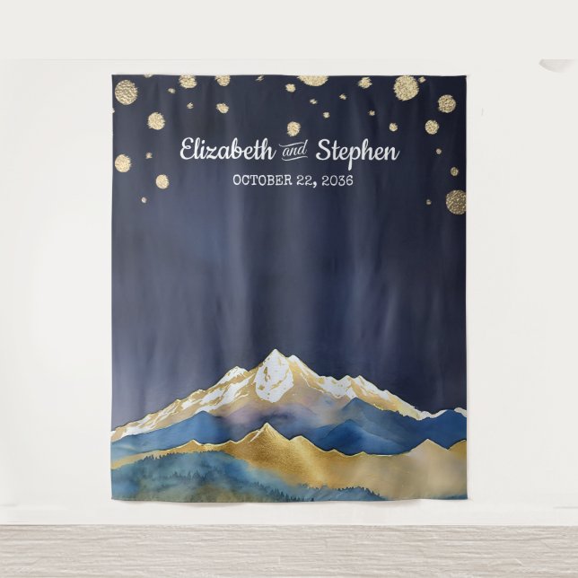 Blue Golden Mountains Wedding Photo Booth Backdrop (Front)