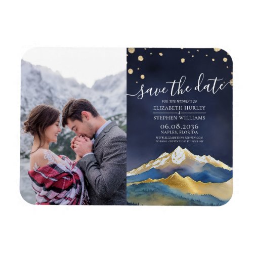 Blue Golden Mountains Wedding Photo Save The Date Magnet