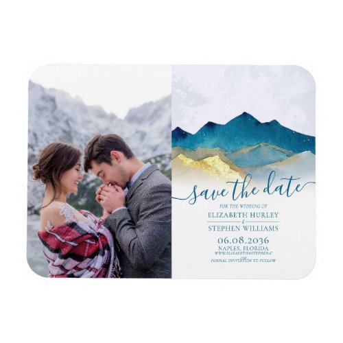 Blue Golden Mountains Wedding Photo Save The Date Magnet