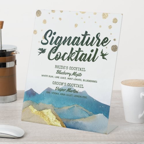 Blue Golden Mountains Wedding Signature Drink Menu Pedestal Sign
