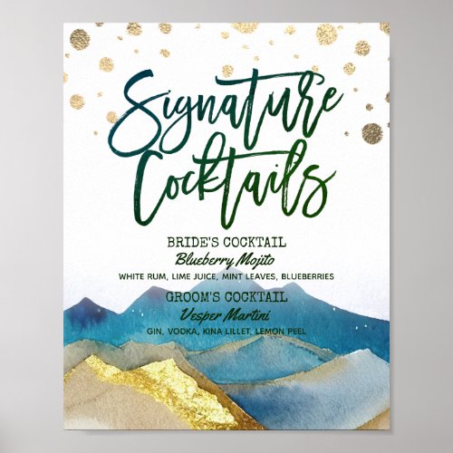 Blue Golden Mountains Wedding Signature Drink Menu Poster