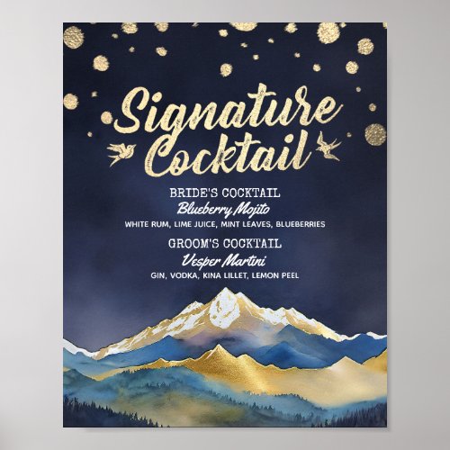 Blue Golden Mountains Wedding Signature Drink Menu Poster