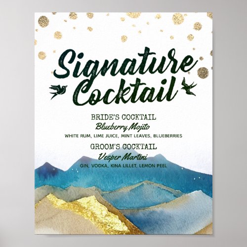 Blue Golden Mountains Wedding Signature Drink Menu Poster