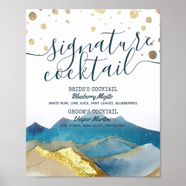 Blue Golden Mountains Wedding Signature Drink Menu Poster (Front)