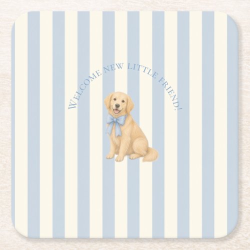 Blue Golden Retriever Baby Shower Square Paper Coaster