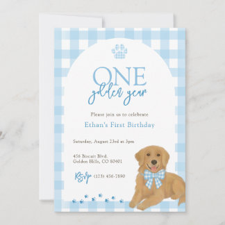 Blue Golden Retriever One Golden Year Birthday Invitation