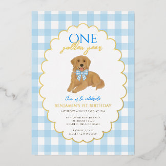 Blue Golden Retriever Puppy Pawty 1st Birthday Foil Invitation