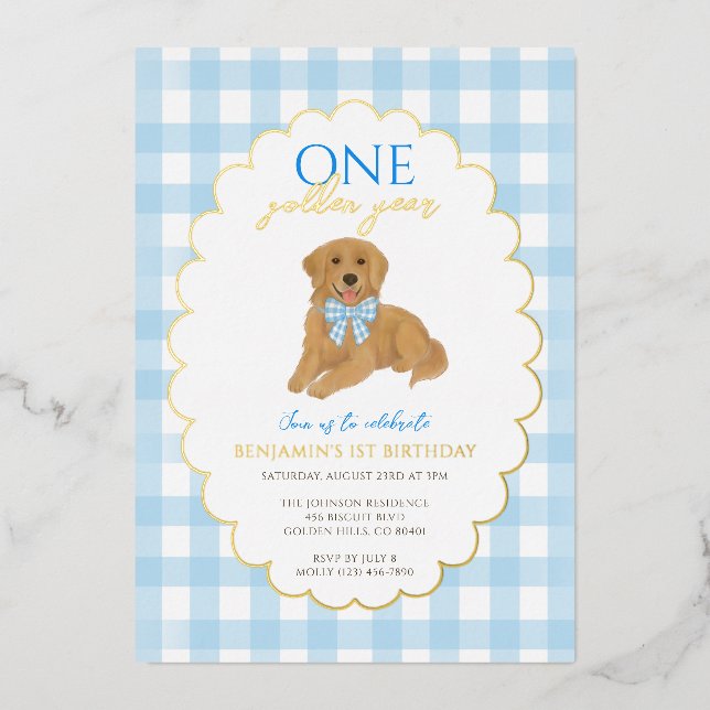 Blue Golden Retriever Puppy Pawty 1st Birthday Foil Invitation (Front)