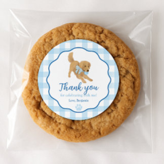 Blue Golden Retriever Puppy Pawty Birthday Favor Classic Round Sticker