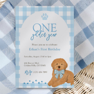 Blue Goldendoodle Dog One Golden Year Birthday Invitation