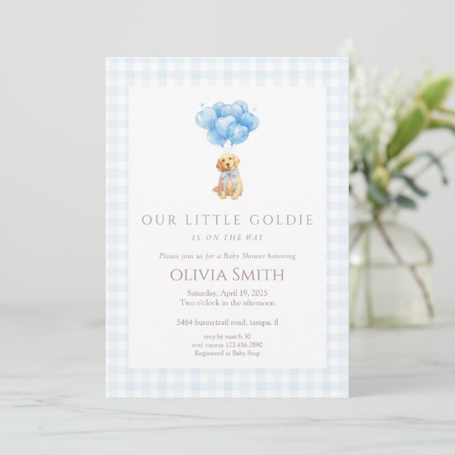 Blue Goldendoodle Puppy Baby Shower Invitation (Standing Front)