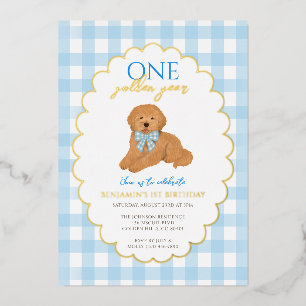 Blue Goldendoodle Puppy Dog Pawty 1st Birthday Foil Invitation