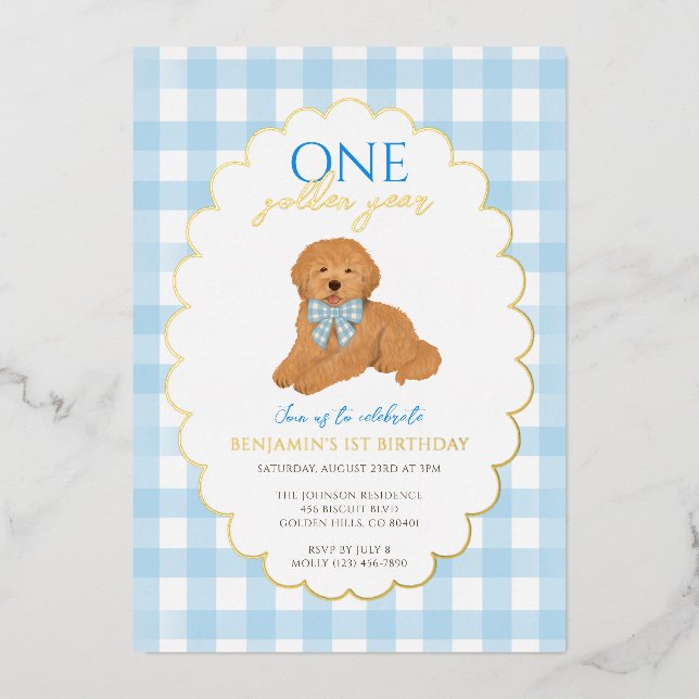 Blue Goldendoodle Puppy Dog Pawty 1st Birthday Foil Invitation (Front)