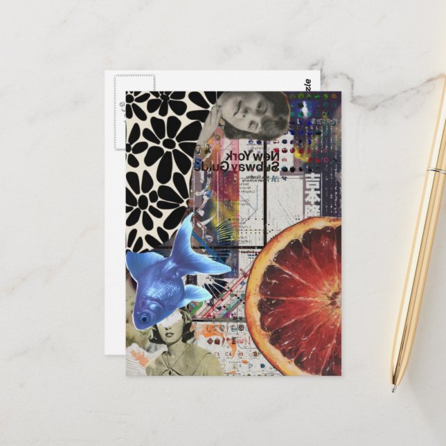 Blue Goldfish Mixed Media Collage Postcard (Front/Back In Situ)