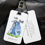 Blue Golf Bag Monogram Luggage Tag<br><div class="desc">This elegant monogram golf bag or luggage tag features a stylish blue watercolor golf bag filled with clubs, resting on a patch of green grass. A simple serif font initial monogram appears on the bag, blending smoothly into the overall design. Below the monogram, the full name is displayed in a...</div>