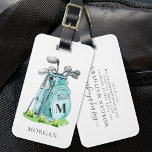 Blue Golf Bag Monogram Luggage Tag<br><div class="desc">This elegant monogram golf bag or luggage tag features a stylish teal blue watercolor golf bag filled with clubs, resting on a patch of green grass. Designed to suit both men and women, the bag’s cool-toned teal or aqua hue offers a fresh, modern look without leaning too feminine or masculine....</div>