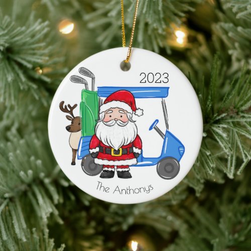 Blue Golf Cart Santa Reindeer Personalized  Ceramic Ornament