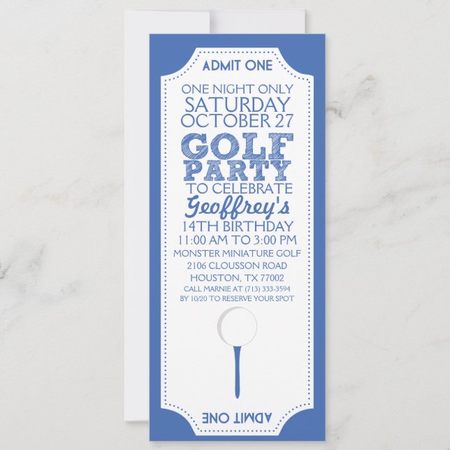 Blue Golf Ticket Golf Birthday Party Invitation (Front)