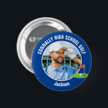 Blue Golfer Photo High School Golf Team Button<br><div class="desc">This cool customized high school golf team photo gift features white typography of your golfer name on a blue button with a cute golfing icon. Personalize with your student's photograph and class year as a proud sports parent. A mom and dad can wear these buttons to sports games.</div>
