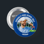 Blue Golfer Photo High School Golf Team Button<br><div class="desc">This cool customized high school golf team photo gift features white typography of your golfer name on a blue button with a cute golfing icon. Personalize with your student's photograph and class year as a proud sports parent. A mom and dad can wear these buttons to sports games.</div>