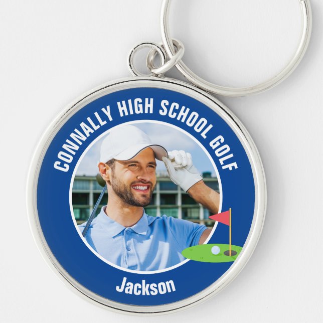 Blue Golfer Photo High School Golf Team Keychain (Front)