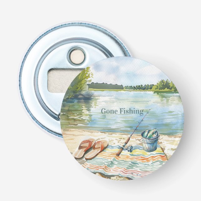 Blue Gone Fishing Bucket Lake Bottle Opener (Front)