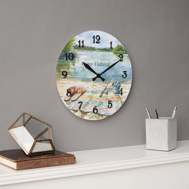 Blue Gone Fishing Bucket Lake Large Clock (Office)