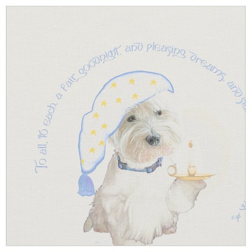 Blue Goodnight Westie with Candle  Fabric