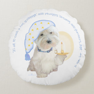 Blue Goodnight Westie with Candle Round Pillow