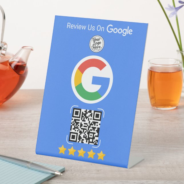Blue Google Review Business Stand with QR Code Pedestal Sign (In SItu)