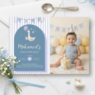 Blue Goose Balloon Boy First Birthday Photo Invitation