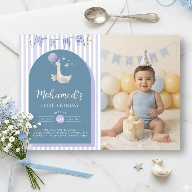 Blue Goose Balloon Boy First Birthday Photo  Invitation (Creator Uploaded)